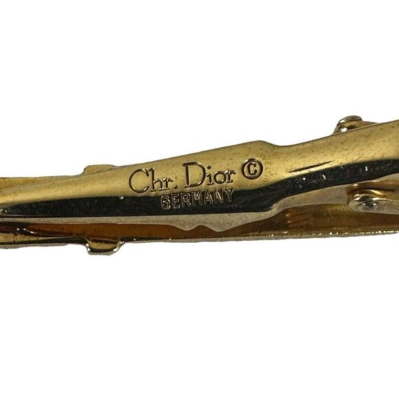 Christian Dior Tie Clasp Bar Clip Tack Necktie Logo Gold Toned Authentic - Picture 4 of 7